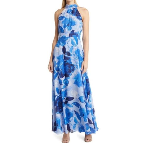 Eliza J Halter Neck Chiffon Maxi A Line Dress Gown Blue Floral Lined Size 10 NWT - Picture 1 of 7
